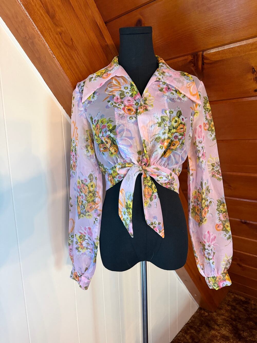 Vintage 60s Sheer Pastel Floral Tie Top Organza Crop Top with Dagger Collar sz M